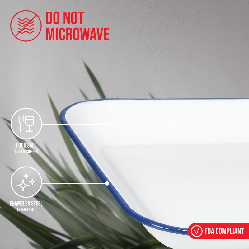 Red Co. 13.5â€ x 10â€ Enamelware Metal Classic 1.6-Quart Rectangular Serving Tray, Solid White/Navy Blue Rim - Image 2