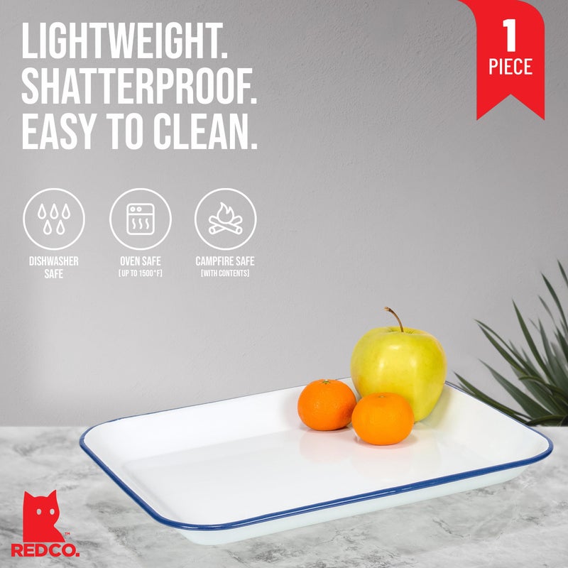 Red Co. 13.5â€ x 10â€ Enamelware Metal Classic 1.6-Quart Rectangular Serving Tray, Solid White/Navy Blue Rim - Image 1