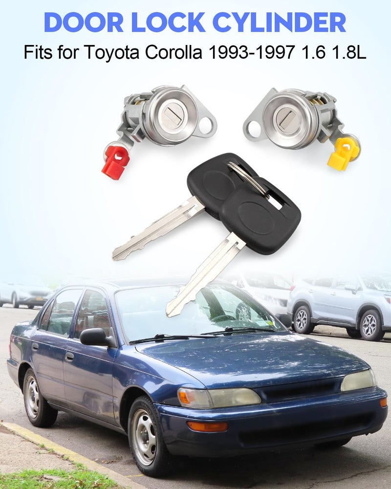 JUWEVAZU 69052-12340 Front Door Lock Cylinder Set w/Keys Fit for Toyota Corolla 1993 1994 1995 1996 1997, Driver and Passenger Door Locks Replace 69052-12360 69052-13150 69052-13190 - Image 2