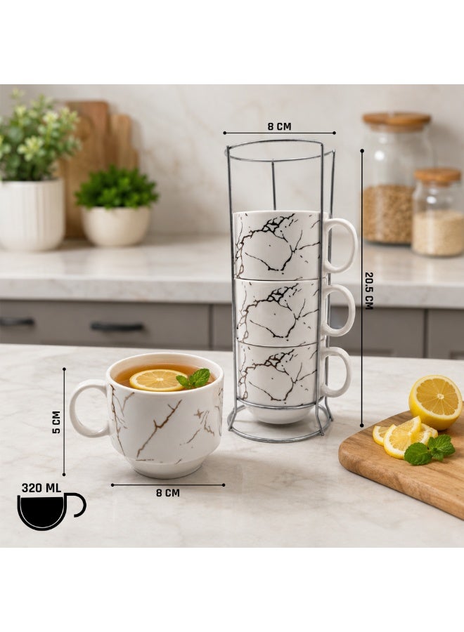 طقم أكواب قهوة سيراميك مكون من 4 قطع مع حامل معدني، سعة 160 مل، بتصميم رخامي أنيق، أكواب قابلة للتكديس للإسبريسو والكابتشينو والشاي والقهوة، مناسبة للمنزل والمطبخ والمكتب وركن القهوة - Image 2