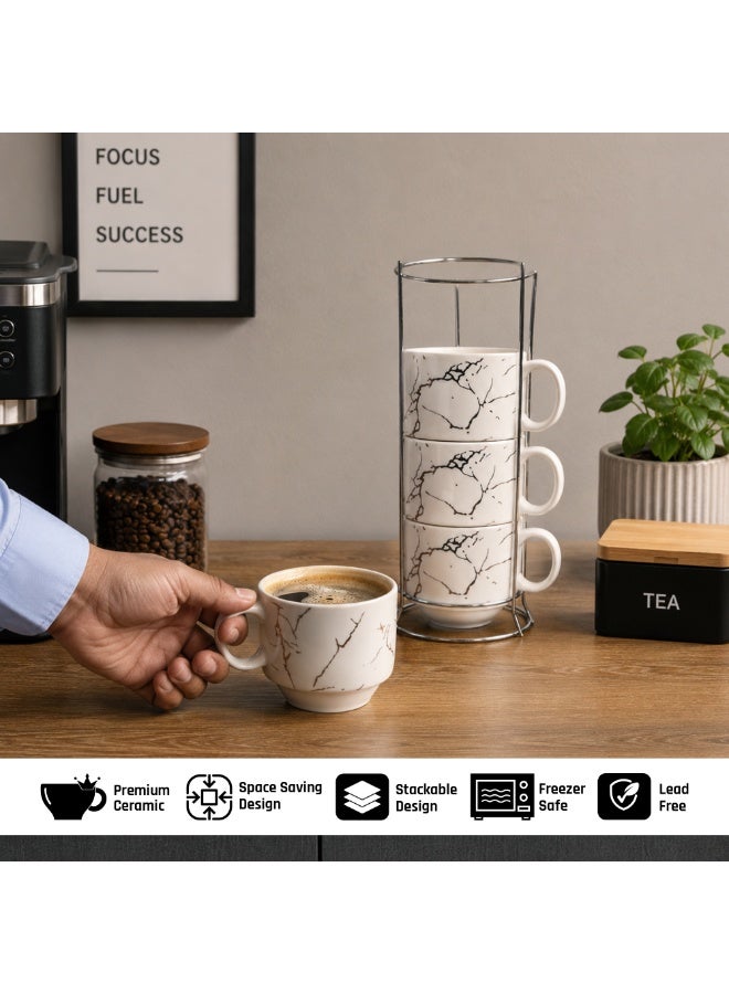 طقم أكواب قهوة سيراميك مكون من 4 قطع مع حامل معدني، سعة 160 مل، بتصميم رخامي أنيق، أكواب قابلة للتكديس للإسبريسو والكابتشينو والشاي والقهوة، مناسبة للمنزل والمطبخ والمكتب وركن القهوة - Image 3