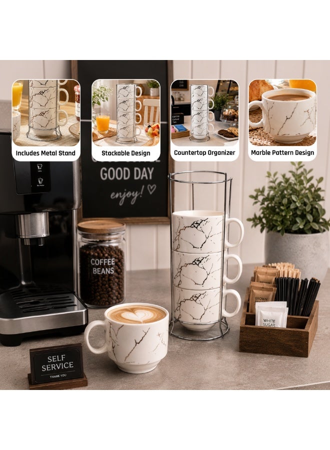 طقم أكواب قهوة سيراميك مكون من 4 قطع مع حامل معدني، سعة 160 مل، بتصميم رخامي أنيق، أكواب قابلة للتكديس للإسبريسو والكابتشينو والشاي والقهوة، مناسبة للمنزل والمطبخ والمكتب وركن القهوة - Image 4