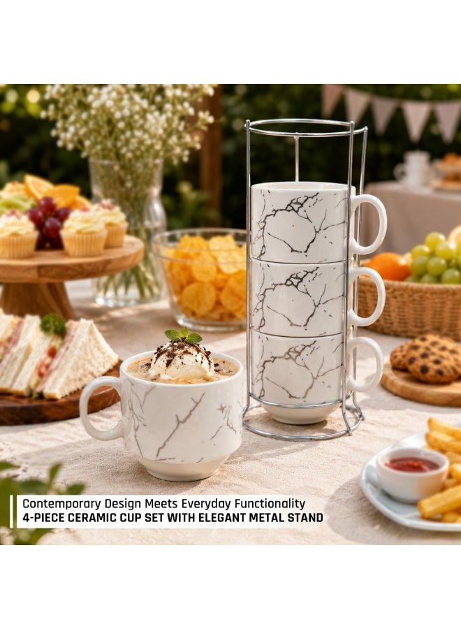 طقم أكواب قهوة سيراميك مكون من 4 قطع مع حامل معدني، سعة 160 مل، بتصميم رخامي أنيق، أكواب قابلة للتكديس للإسبريسو والكابتشينو والشاي والقهوة، مناسبة للمنزل والمطبخ والمكتب وركن القهوة - Image 5