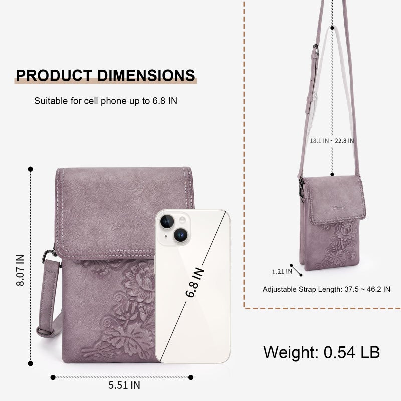 VIMUTI Small Crossbody Bags for Women Trendy Vegan Leather Cell Phone Bag Embossed Flower Design Wallet Purses with Adjustable Strap Purple - Image 5
