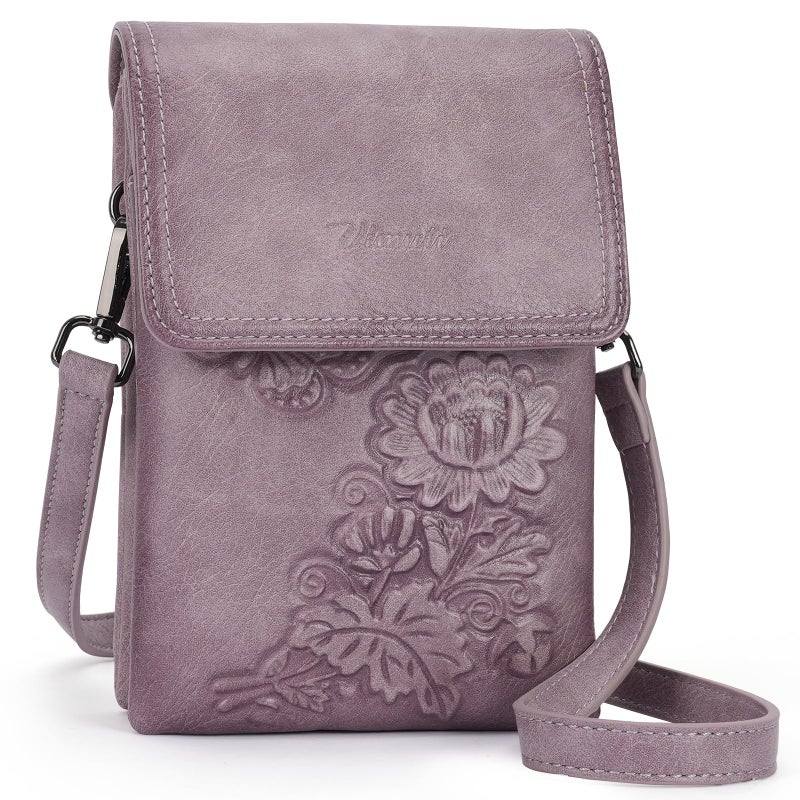 VIMUTI Small Crossbody Bags for Women Trendy Vegan Leather Cell Phone Bag Embossed Flower Design Wallet Purses with Adjustable Strap Purple - Image 1