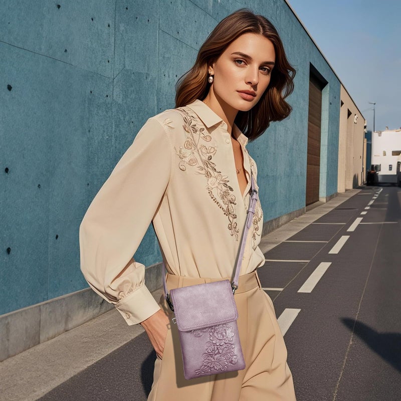 VIMUTI Small Crossbody Bags for Women Trendy Vegan Leather Cell Phone Bag Embossed Flower Design Wallet Purses with Adjustable Strap Purple - Image 2