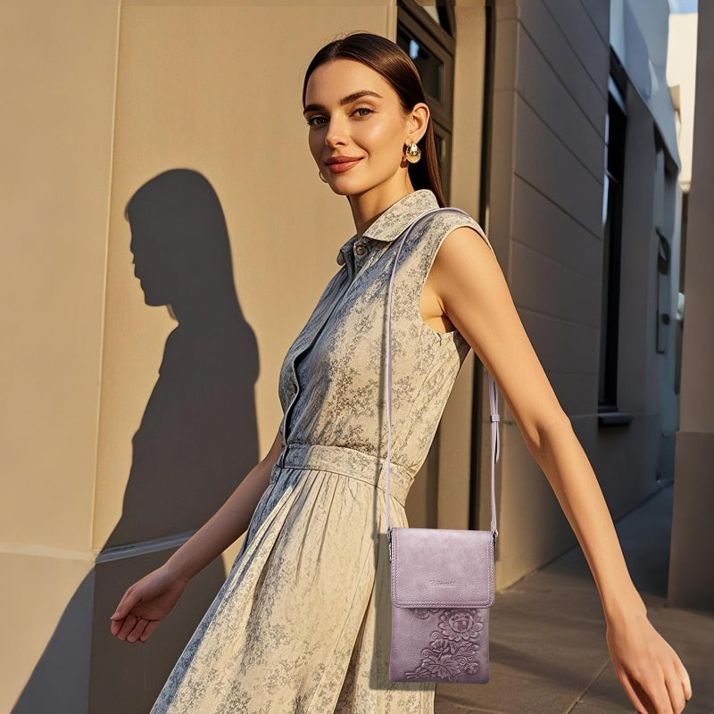 VIMUTI Small Crossbody Bags for Women Trendy Vegan Leather Cell Phone Bag Embossed Flower Design Wallet Purses with Adjustable Strap Purple - Image 3