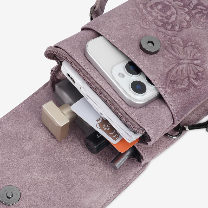 VIMUTI Small Crossbody Bags for Women Trendy Vegan Leather Cell Phone Bag Embossed Flower Design Wallet Purses with Adjustable Strap Purple - Image 4