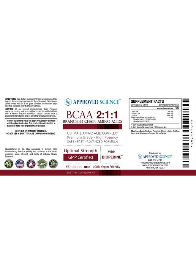 BCAA Supplement - 60 Tablets - 2400mg - Increase Performance and Enhance Muscle Development - L-Leucine, L-Isoleucine, L-Valine - Made in USA, Non-GMO