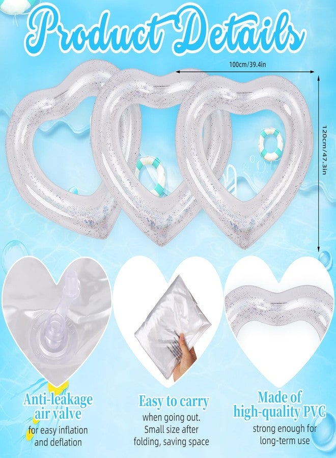Mkhaslri 3 Pieces Inflatable Heart Pool Float, Glitter Inflatable Swim Rings Bachelorette Party Pool Float Tube, Heart Shaped Summer Swimming Ring, Water Beach Party for Adults ﻿ ﻿ (White, 47x39Inch) - Image 2