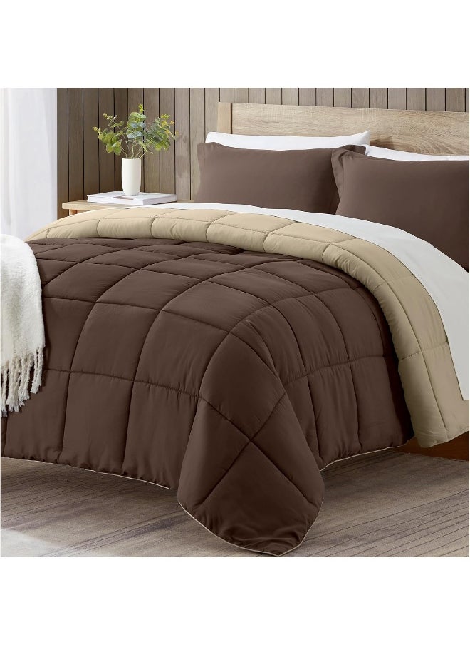 Generic satisomnia Lightweight Comforter Set Queen Brown, All Season Down Alternative Bed Comforter Set with 2 Pillow Shams, 3 Pieces Comforters Set Ultra Soft Reversible, Brown and Beige Queen Size  - Image 1
