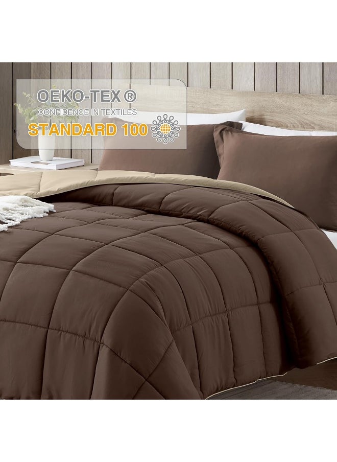 Generic satisomnia Lightweight Comforter Set Queen Brown, All Season Down Alternative Bed Comforter Set with 2 Pillow Shams, 3 Pieces Comforters Set Ultra Soft Reversible, Brown and Beige Queen Size  - Image 3