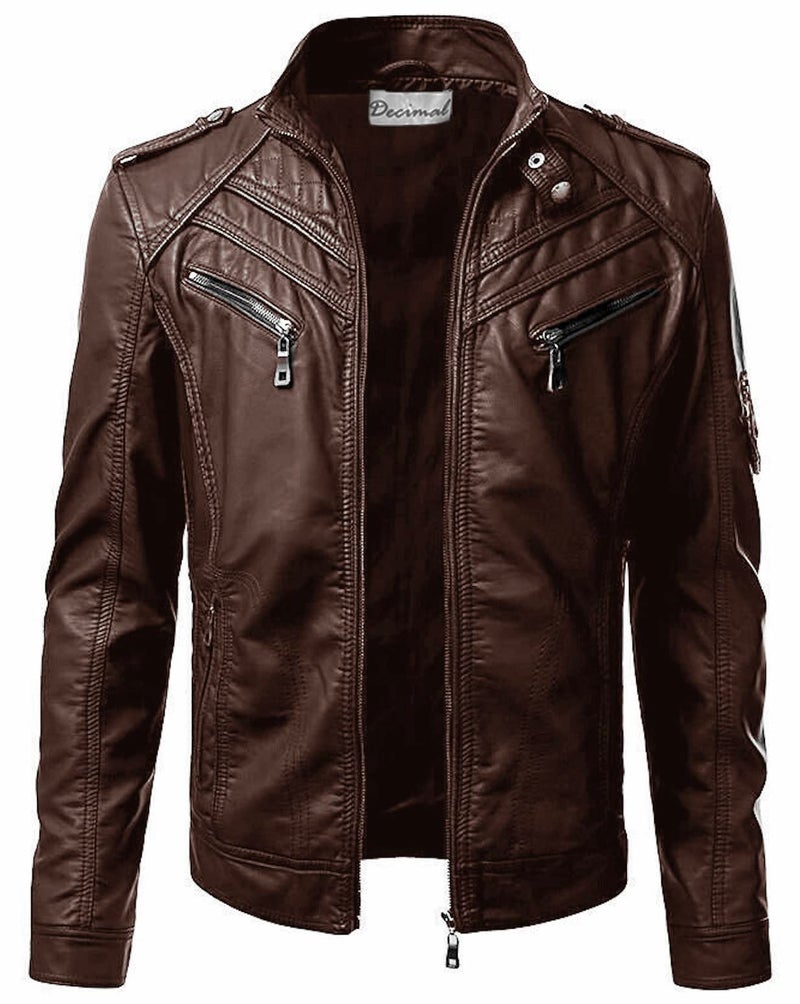 DECIMAL Mens Black Genuine Lambskin Leather Biker Jacket VINTAGE REAL MOTORCYCLE JACKETS FOR MEN XL BROWN