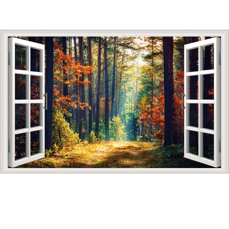 Prabahdak Forest Fake Windows Wall Sticker Removable 3D Nature Landscape Faux Windows Wall Sticker Vinyl SelfAdhesive Maple Trees Wall Mural Stickers for Bedroom Living Room Decoration