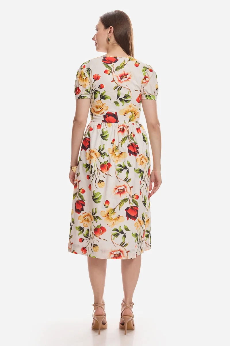Virgio  All Over Print Cotton Puff Sleeve Midi Dress for Women for Women | Best Price UAE