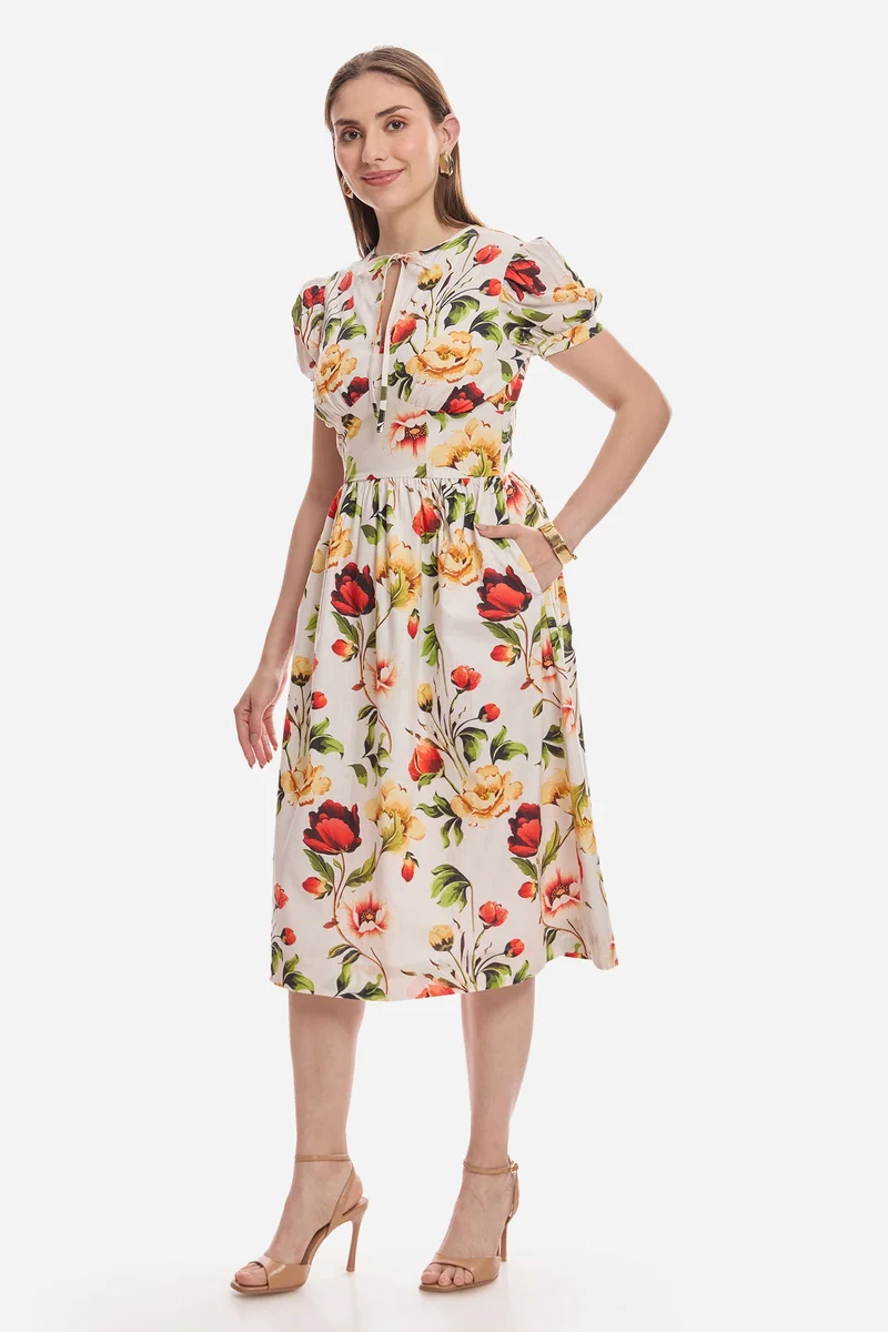 Virgio  All Over Print Cotton Puff Sleeve Midi Dress for Women for Women | Best Price UAE