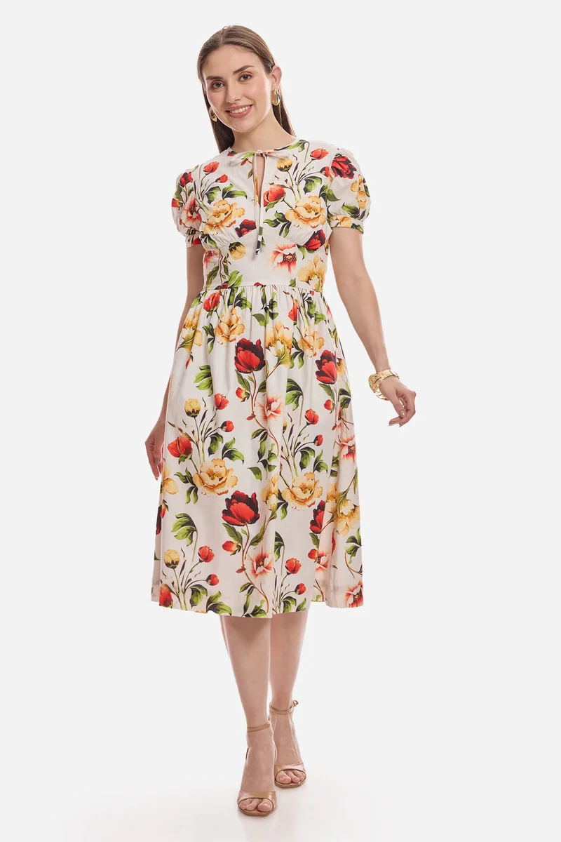 فيرجيو All Over Print Cotton Puff Sleeve Midi Dress for Women