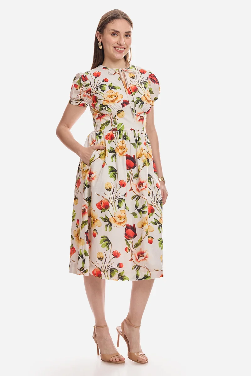 Virgio  All Over Print Cotton Puff Sleeve Midi Dress for Women for Women | Best Price UAE
