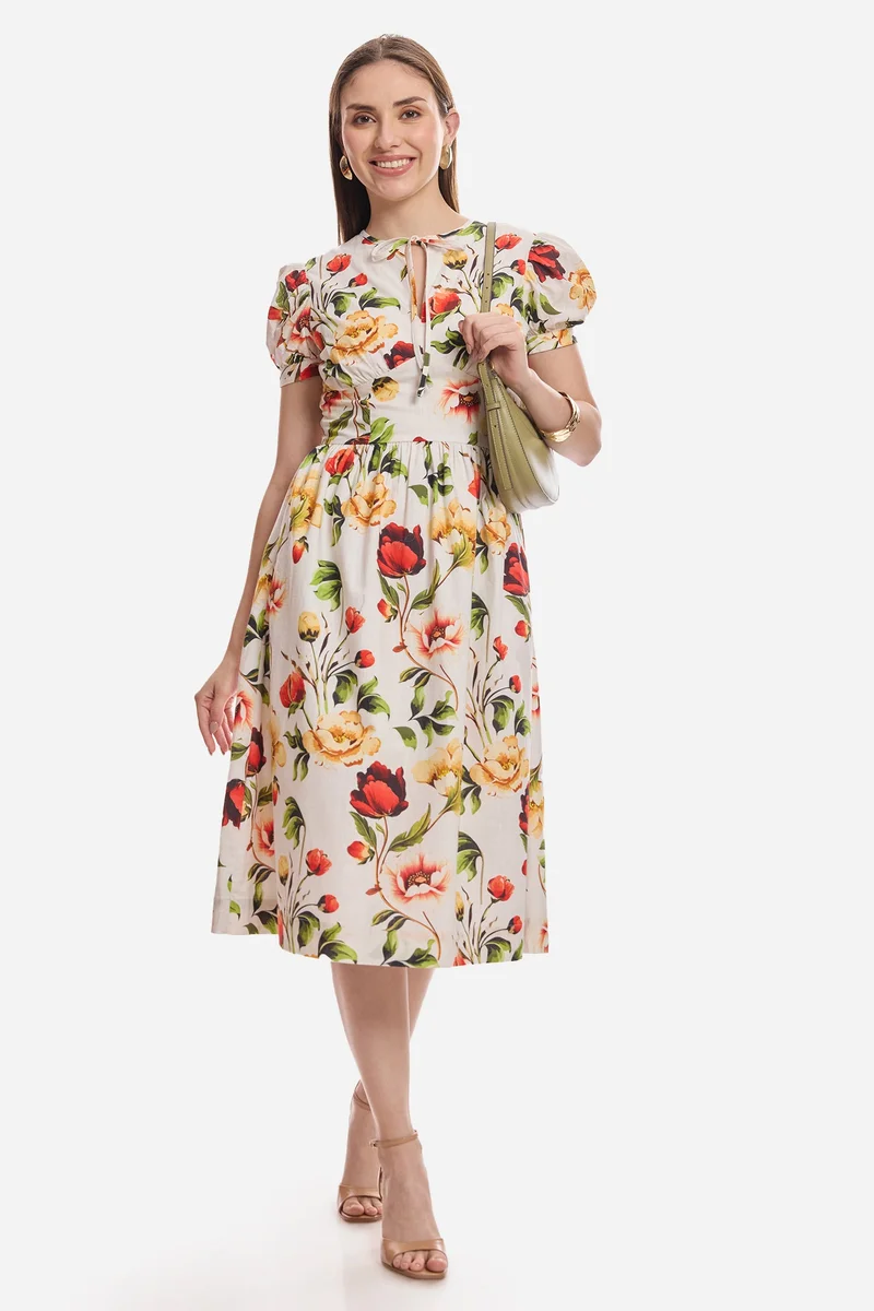 All Over Print Cotton Puff Sleeve Midi Dress for Women