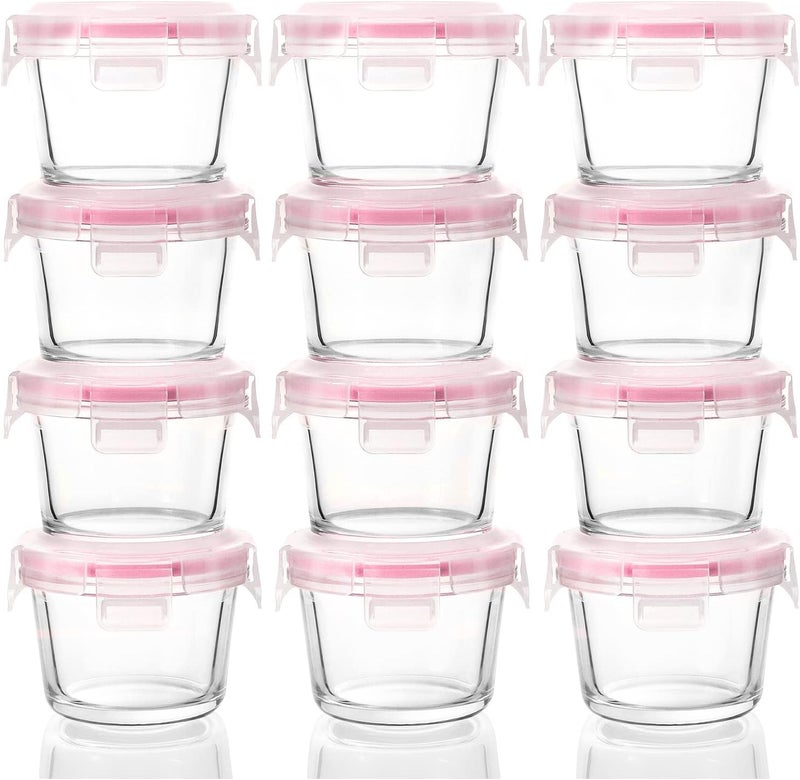 M MCIRCO [12-Pack, 5oz] Small Glass Food Storage Containers with Lids, Jars for Snacks, Dips, Sauces, BPA Free, Freezer, Microwave & Dishwasher Friendly, Pink - Image 1