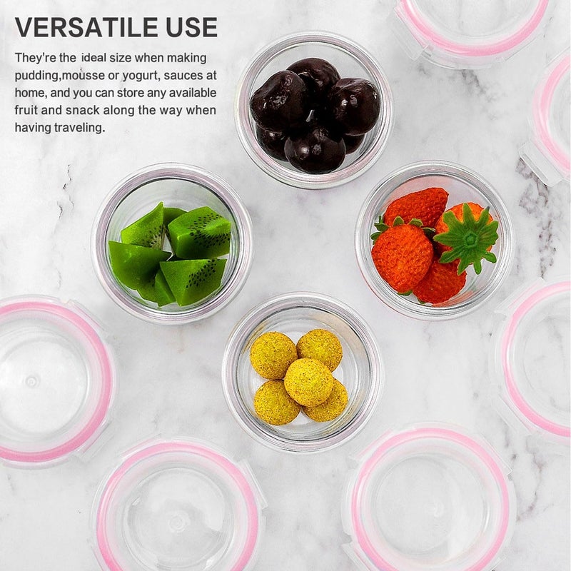 M MCIRCO [12-Pack, 5oz] Small Glass Food Storage Containers with Lids, Jars for Snacks, Dips, Sauces, BPA Free, Freezer, Microwave & Dishwasher Friendly, Pink - Image 3