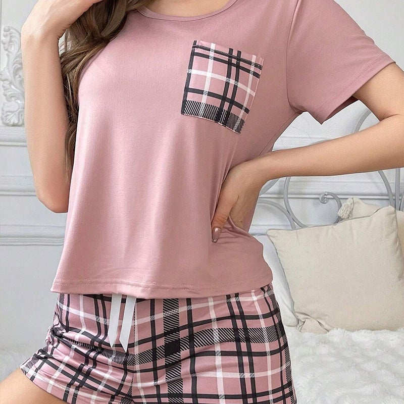 Women's Summer Plaid Print Short Sleeve Shorts Pajama Set - Image 1