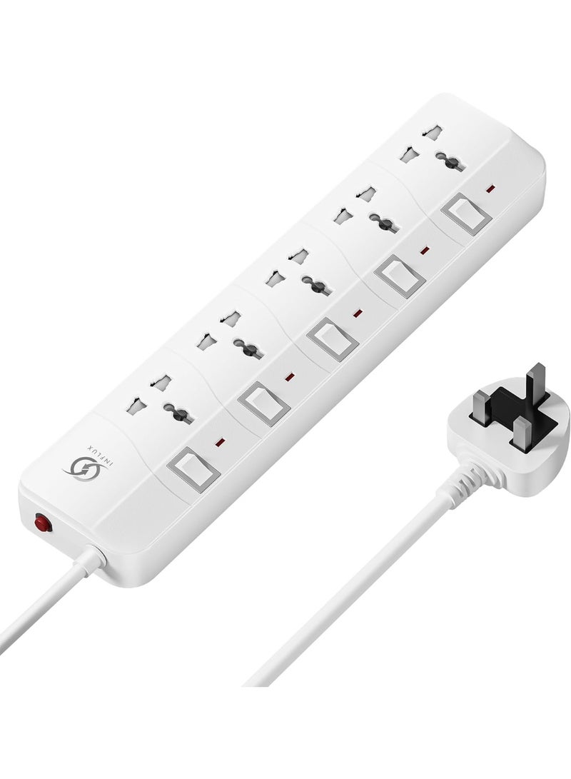 انفلكس سلك تمديد INFLUX بخمسة منافذ، كابل بطول 3 أمتار، شريط طاقة محمي من زيادة التيار، محول متعدد المقابس بمقابس عالمية، قابس 13 أمبير - مثالي للمنزل والمكتب والترفيه - Image 1