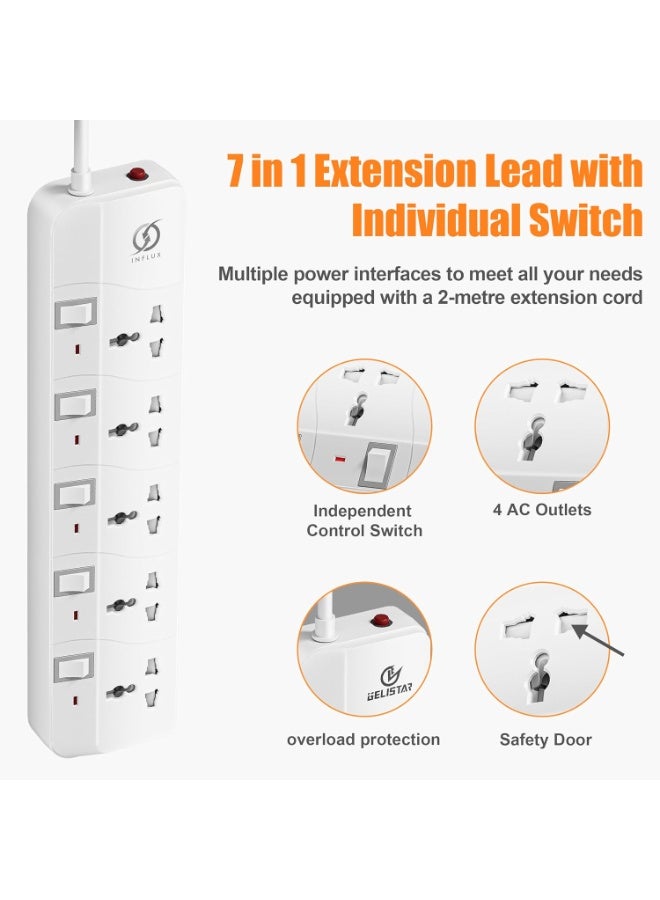 انفلكس سلك تمديد INFLUX بخمسة منافذ، كابل بطول 3 أمتار، شريط طاقة محمي من زيادة التيار، محول متعدد المقابس بمقابس عالمية، قابس 13 أمبير - مثالي للمنزل والمكتب والترفيه - Image 3