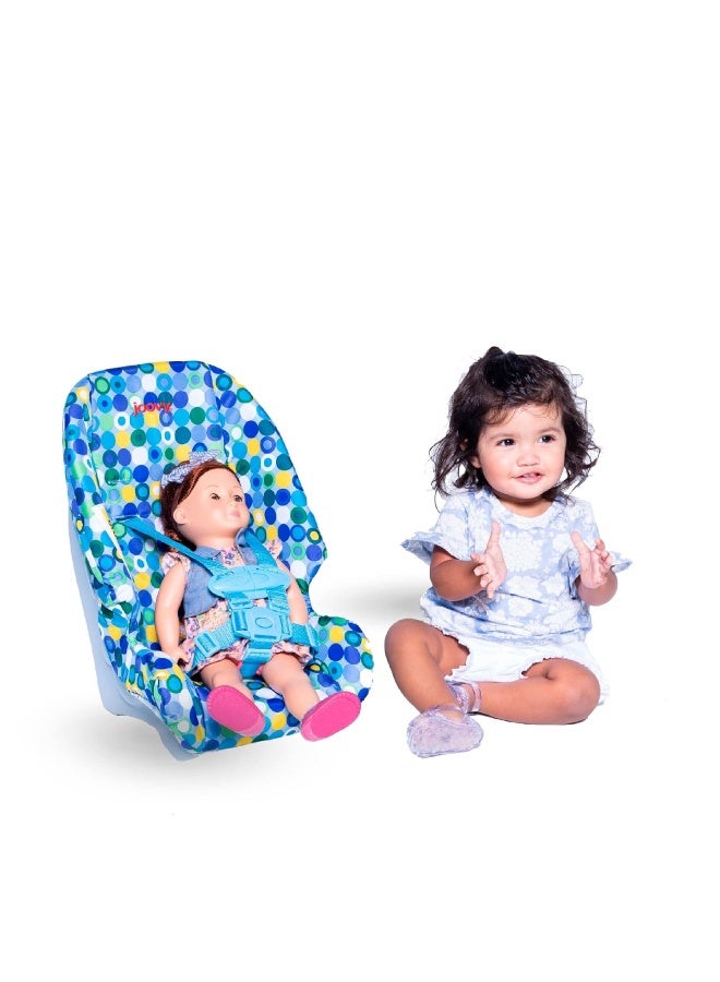 Joovy Toy Booster Seat & Functional Doll Car Seat Featuring Crash-Tested Latch System for Safety, Machine-Washable Cover for Easy Cleaning, and Five-Point Harness - Fits Dolls 12” to 22”, Blue - Image 1