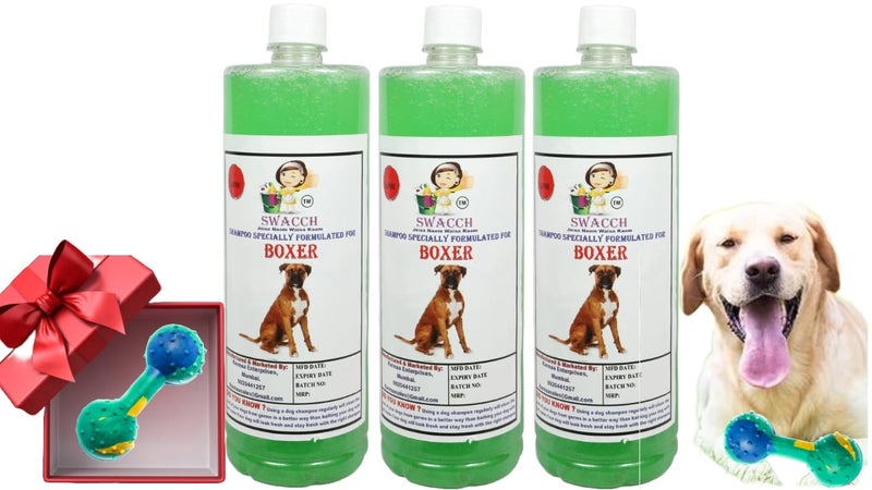swacch Boxer Dog Shampoo + Dumbbell Toy I Durable Rubber Dog Toy for Chewing I Playing,Teeth Cleaning & Training Toy I Combo Pack I 1 Litre Pack of 3 Neem Alovera - Image 1