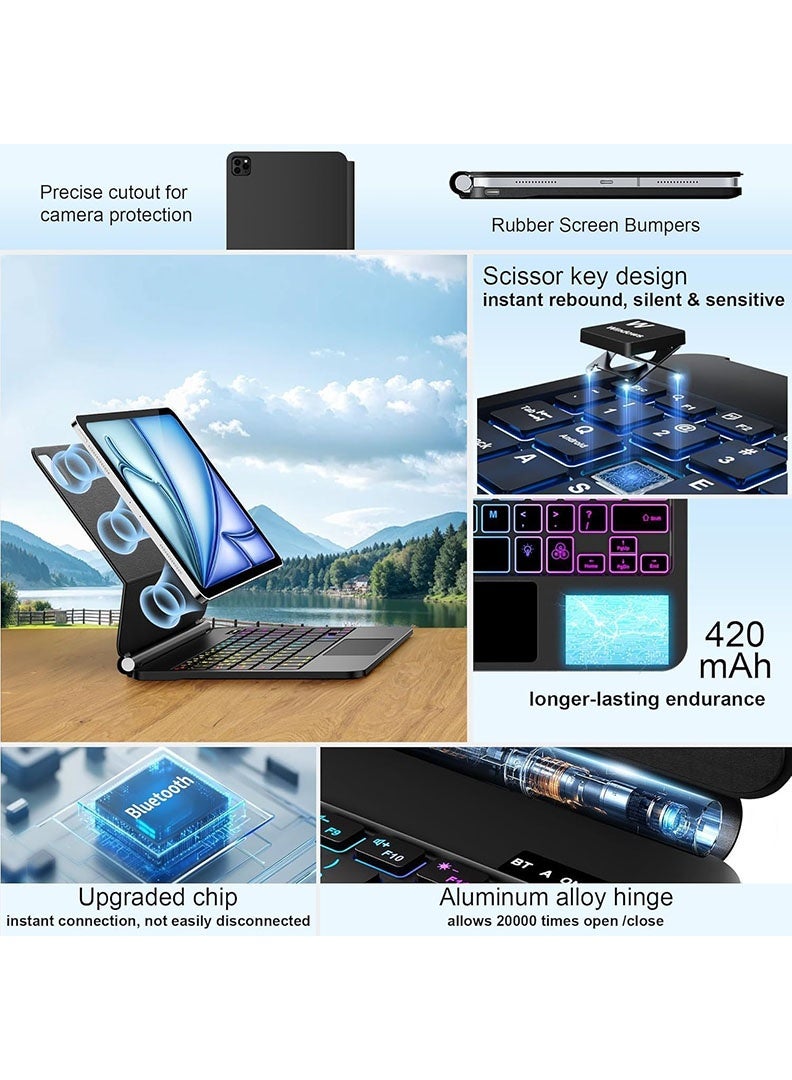 ثيودور لوحة مفاتيح مغناطيسية لجهاز iPad Air مقاس 11 بوصة (M4 2026/ M3 2025/ M2 2024)، تتضمن حافظة لوحة مفاتيح وماوس مع حامل مغناطيسي، وشاشة LCD، ولوحة لمس متعددة اللمس، ومفاتيح بإضاءة خلفية بسبعة ألوان - أسود - Image 4