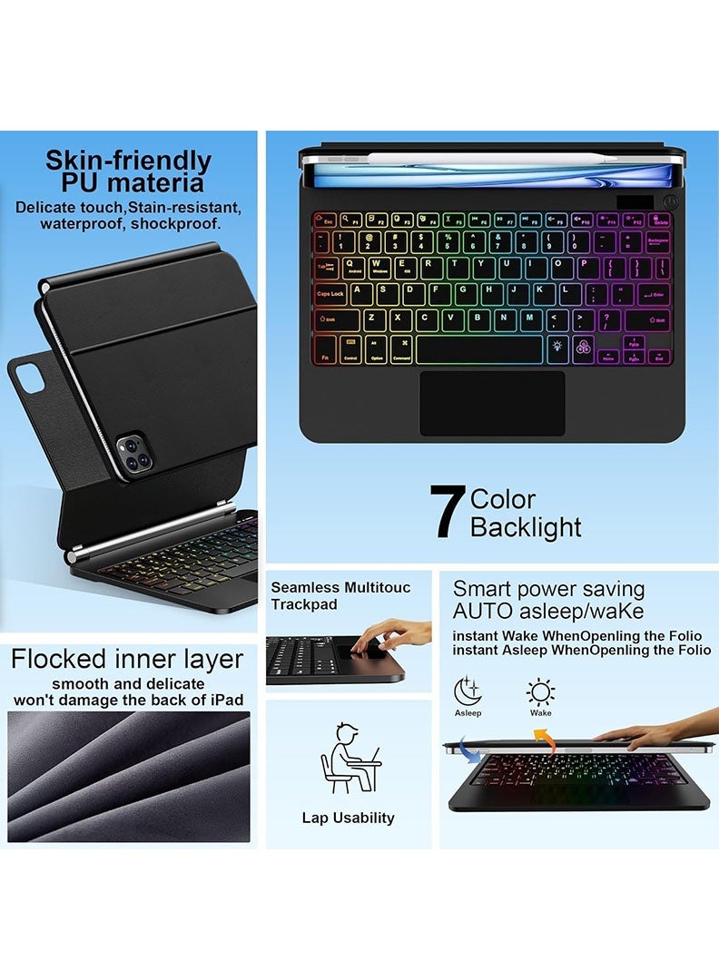ثيودور لوحة مفاتيح مغناطيسية لجهاز iPad Air مقاس 11 بوصة (M4 2026/ M3 2025/ M2 2024)، تتضمن حافظة لوحة مفاتيح وماوس مع حامل مغناطيسي، وشاشة LCD، ولوحة لمس متعددة اللمس، ومفاتيح بإضاءة خلفية بسبعة ألوان - أسود - Image 5