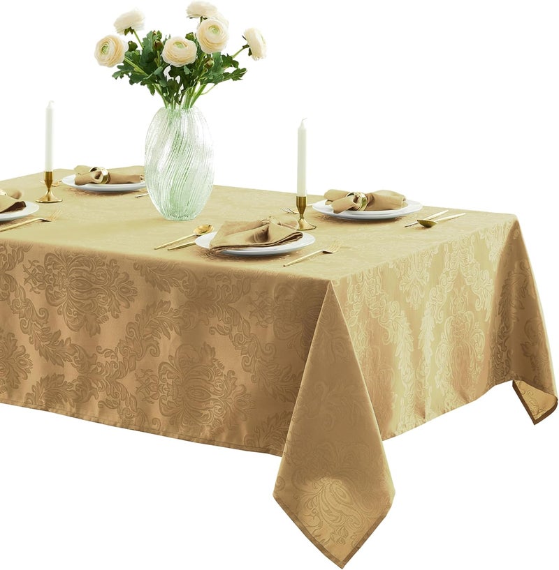 Newbridge Barcelona Damask Fabric Tablecloth, 60 x 102 Inch Rectangle, Gold – No Iron, Soil Resistant Table Cover for Dining, Parties and Holidays - Image 1