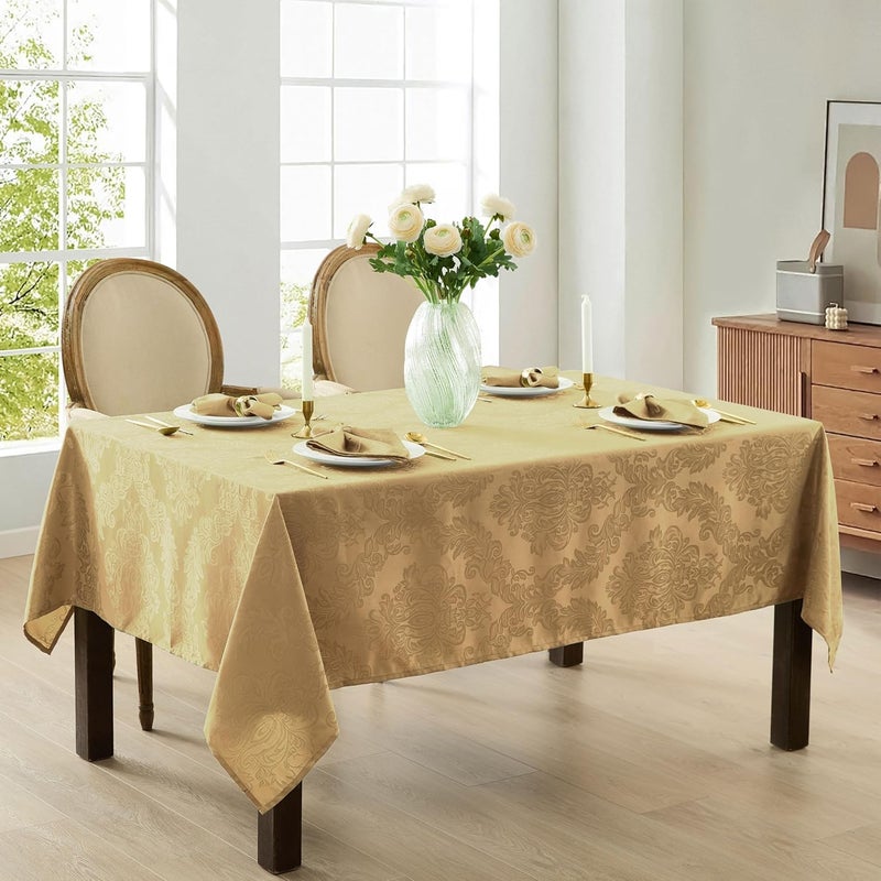 Newbridge Barcelona Damask Fabric Tablecloth, 60 x 102 Inch Rectangle, Gold – No Iron, Soil Resistant Table Cover for Dining, Parties and Holidays - Image 2
