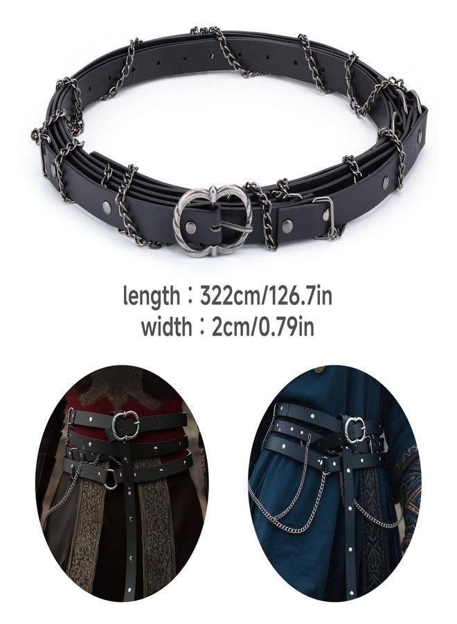 FALETO Medieval DIY Artificial Leather Metal Chain Belts for Women Vintage Adjustable Waist Belt for Dresses Cosplay Renaissance Fairs Daily Wear Black - Image 3