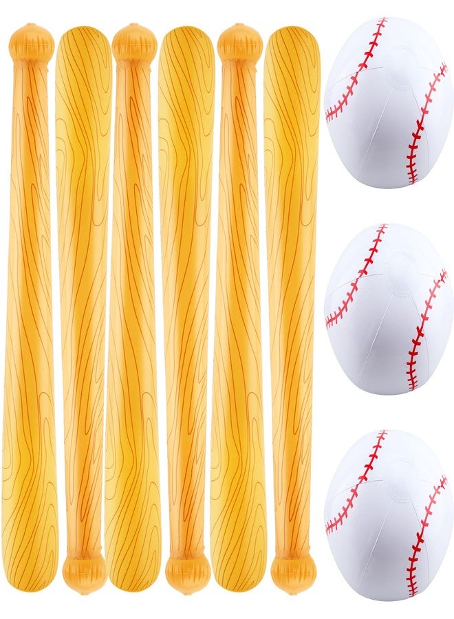 Feradny 9 Pack Inflatable Bat Set Include 6 Pcs 32 Inch Blow up Baseball Bat and 3 Pcs Ball Inflates Inflatable Wood Grain Bat for Summer Pool Sports Theme Birthday Party Favors - Image 1