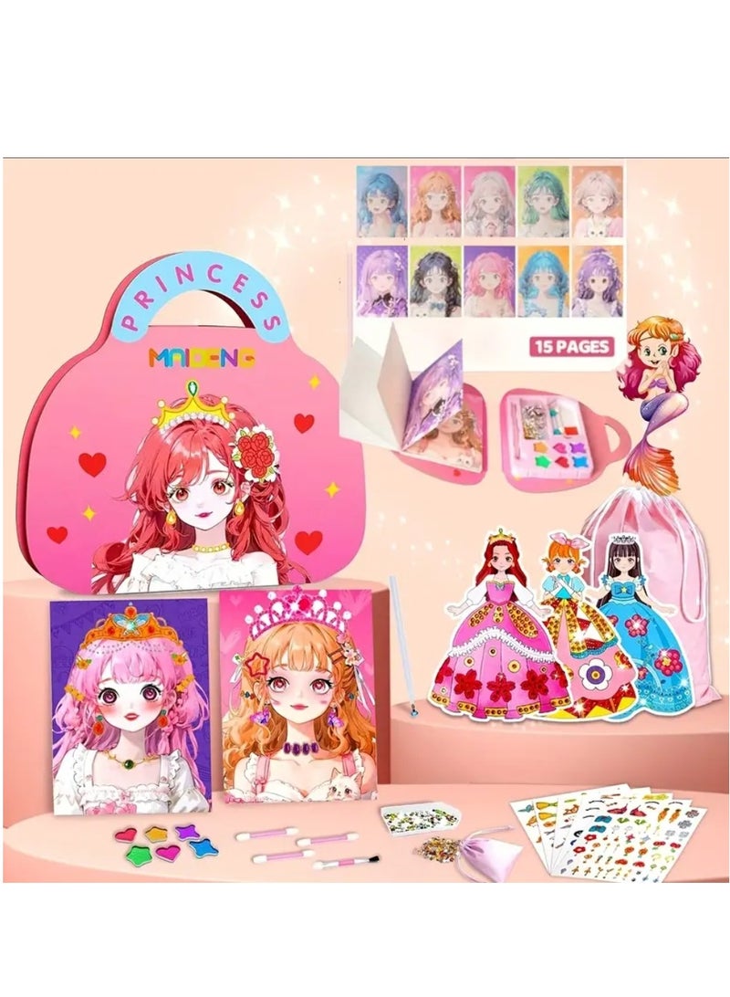 4-in-1 Princess Makeup & Fashion Dress-Up Game Set - DIY Paper Art Craft Kit with Diamond Painting, Self-Adhesive Stickers, Ideal Birthday Gift for Girls Aged 3+  - Image 1