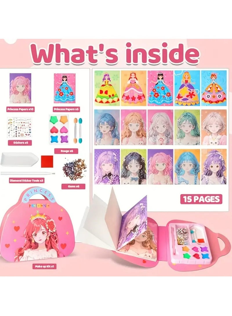 4-in-1 Princess Makeup & Fashion Dress-Up Game Set - DIY Paper Art Craft Kit with Diamond Painting, Self-Adhesive Stickers, Ideal Birthday Gift for Girls Aged 3+  - Image 5