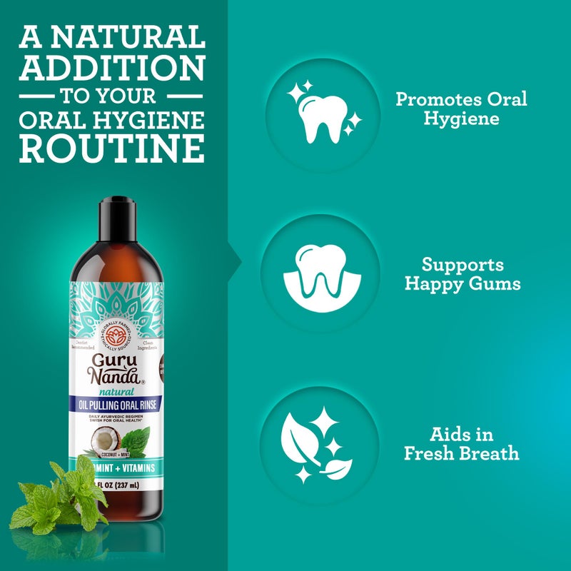 GuruNanda CocoMint Oil Pulling Mouthwash for Complete Oral Hygiene, 7 Essential Oils & Vitamins for Happy Teeth & Gums & Fresh Breath, with 2 Toothbrushes & 2 Tongue Scrapers, Alcohol-Free, 3X8 oz - Image 4
