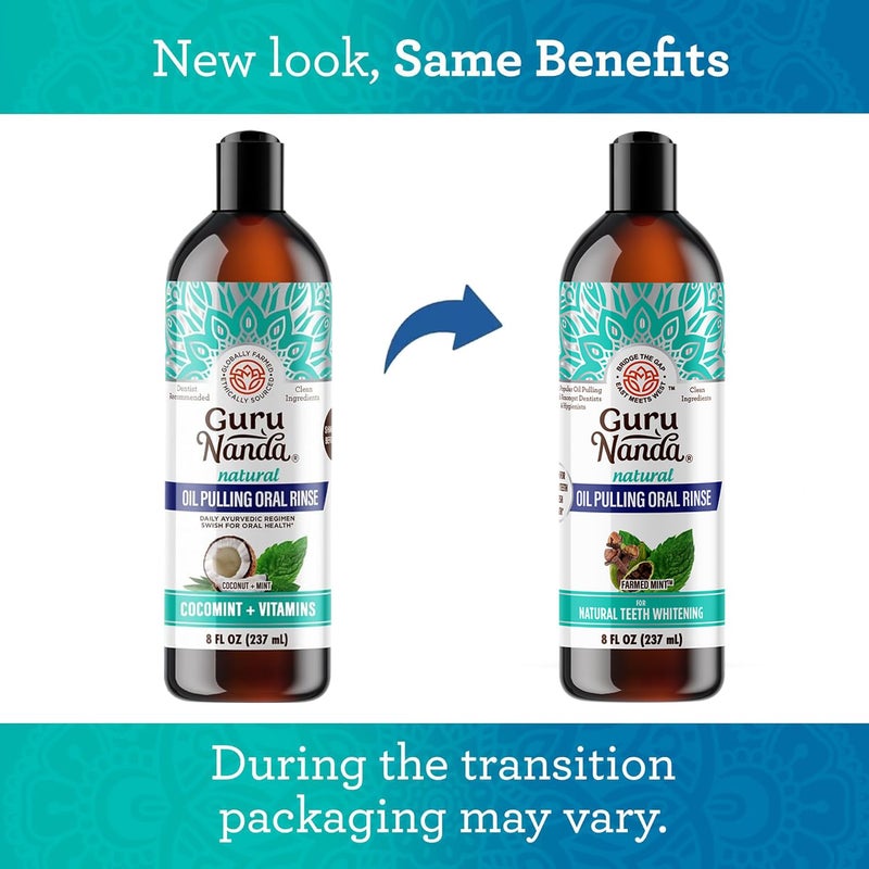 GuruNanda CocoMint Oil Pulling Mouthwash for Complete Oral Hygiene, 7 Essential Oils & Vitamins for Happy Teeth & Gums & Fresh Breath, with 2 Toothbrushes & 2 Tongue Scrapers, Alcohol-Free, 3X8 oz - Image 2