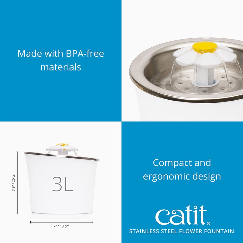 Catit Stainless Steel Flower Fountain with Triple Action Filter, Cat Drinking Water Fountain, 3 L - Image 5