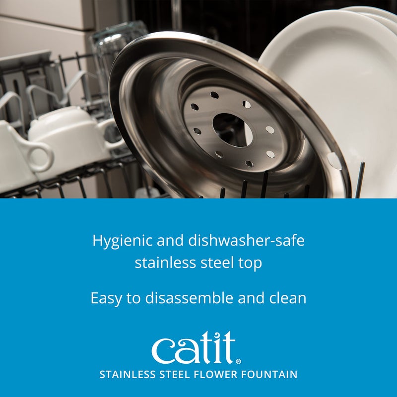 Catit Stainless Steel Flower Fountain with Triple Action Filter, Cat Drinking Water Fountain, 3 L - Image 4