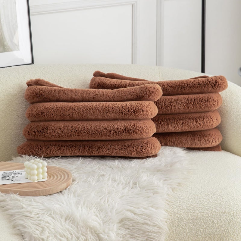 Neelvin Brown Faux Fur Cozy Soft Stripe Decorative Throw Pillow Covers 12x20 inch Set of 2 Velvet Pillowcase Cushion Case for Sofa Couch - Image 1