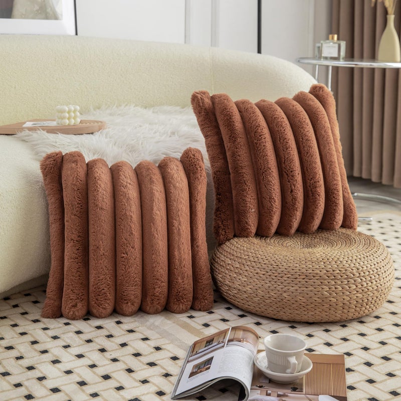 Neelvin Brown Faux Fur Cozy Soft Stripe Decorative Throw Pillow Covers 12x20 inch Set of 2 Velvet Pillowcase Cushion Case for Sofa Couch - Image 3