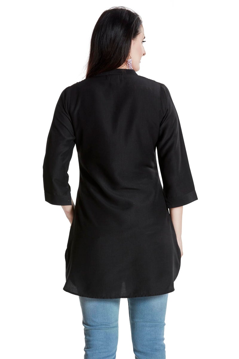 nioni Pintucks Manderian Collar Western Linen Short Kurti/Tunic, ¾ Cuff Sleeves, Round Manderian Collar, Casual Wear & Office Wear, Traditional Style Kurtis for Women’s & Girls (11598_Black_XXL) - Image 4