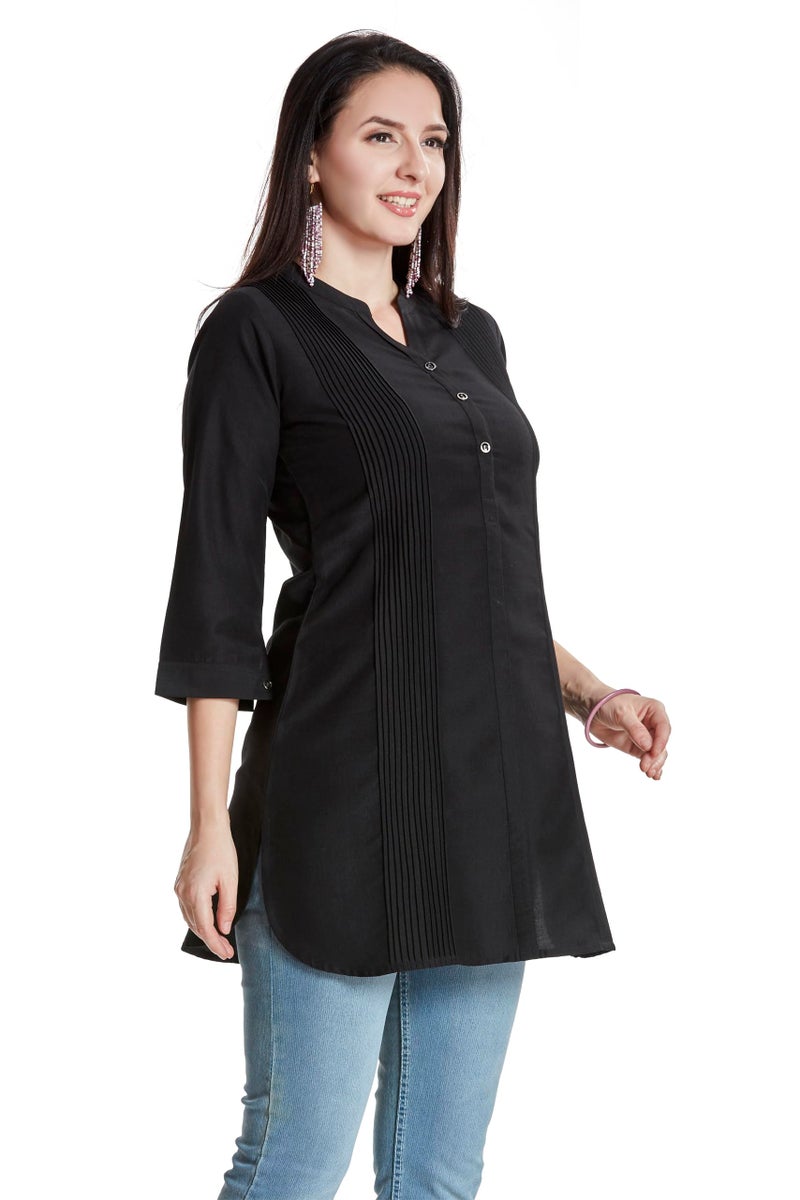 nioni Pintucks Manderian Collar Western Linen Short Kurti/Tunic, ¾ Cuff Sleeves, Round Manderian Collar, Casual Wear & Office Wear, Traditional Style Kurtis for Women’s & Girls (11598_Black_XXL) - Image 5