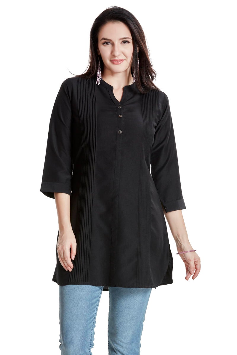 nioni Pintucks Manderian Collar Western Linen Short Kurti/Tunic, ¾ Cuff Sleeves, Round Manderian Collar, Casual Wear & Office Wear, Traditional Style Kurtis for Women’s & Girls (11598_Black_XXL) - Image 1