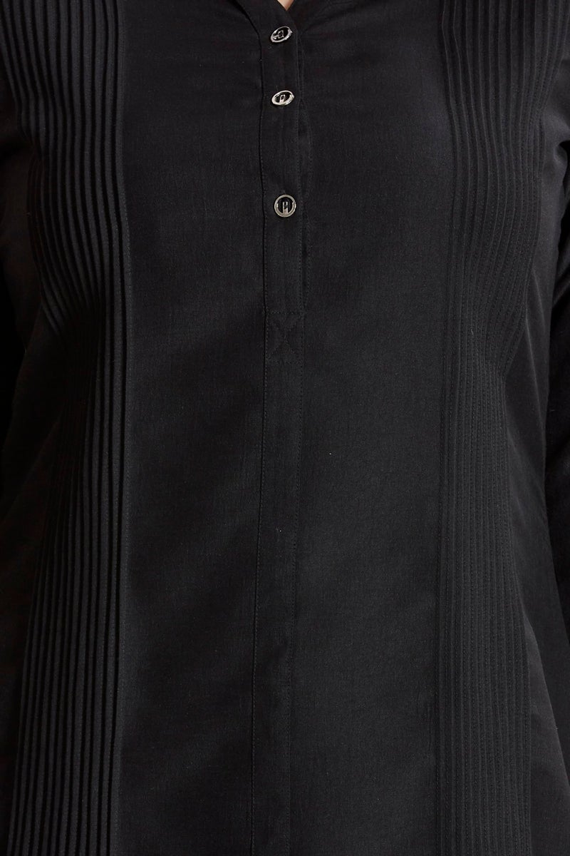 nioni Pintucks Manderian Collar Western Linen Short Kurti/Tunic, ¾ Cuff Sleeves, Round Manderian Collar, Casual Wear & Office Wear, Traditional Style Kurtis for Women’s & Girls (11598_Black_XXL) - Image 3