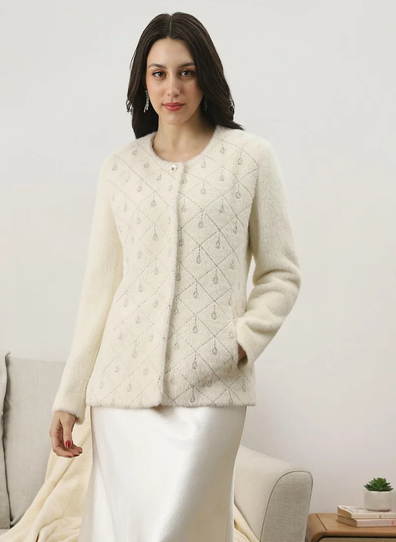 Globus Globus Women White Self Design Embellished Work Round Neck Long Sleeves Suede 2 Pocket Soft Functional Winterwear Overcoat