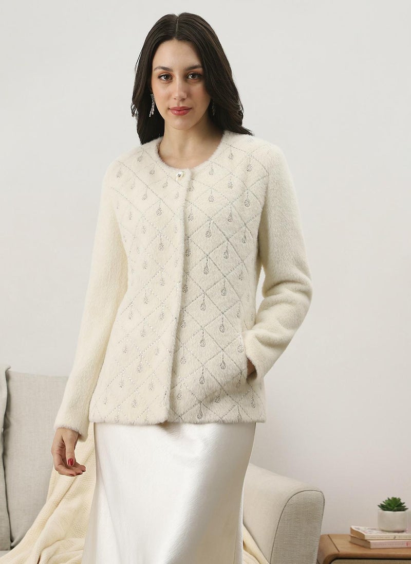 Globus Women White Self Design Embellished Work Round Neck Long Sleeves Suede 2 Pocket Soft Functional Winterwear Overcoat - Image 1